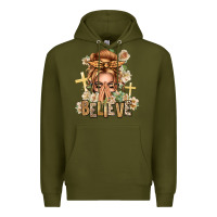 Army Green Blonde Hair Believe Praying Caucasian Messy Bun Premium Hoodie - texasbilliewilder