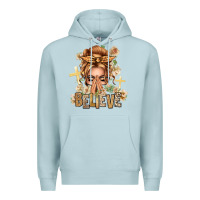 Blue Mist Blonde Hair Believe Praying Caucasian Messy Bun Premium Hoodie - texasbilliewilder
