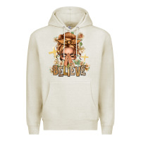 Oatmeal Heather Blonde Hair Believe Praying Caucasian Messy Bun Premium Hoodie - texasbilliewilder