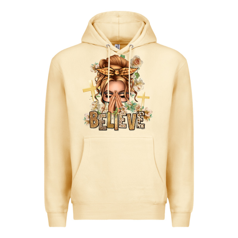 Blonde Hair Believe Praying Caucasian Messy Bun Premium Hoodie by texasbilliewilder | Teevron