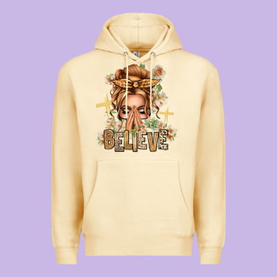 Blonde Hair Believe Praying Caucasian Messy Bun Premium Hoodie Designed By Texasbilliewilder