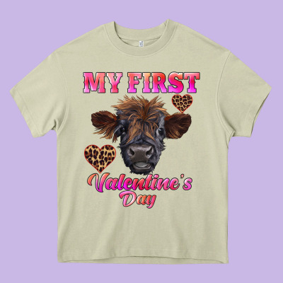 My First Valentine's Day Highland Calf Heavy Core Tee Designed By Ranaportraitstore
