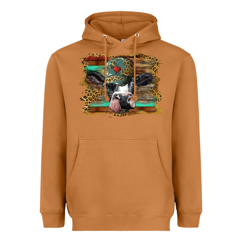 Holstein Cow With Cap And Leopard Background Heavyweight Hoodie by BarkalooDesign | Teevron