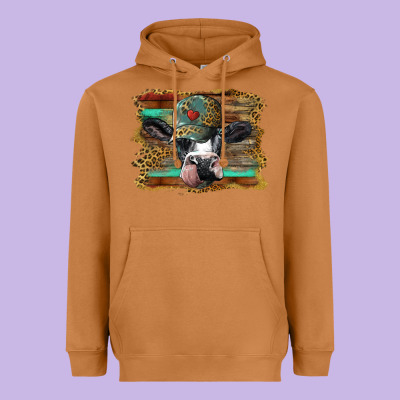 Holstein Cow With Cap And Leopard Background Heavyweight Hoodie Designed By Barkaloodesign