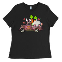 Black happy easter pink truck with bunny Ladies Tee - RanaPortraitStore