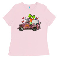 Bubblegum Pink happy easter pink truck with bunny Ladies Tee - RanaPortraitStore