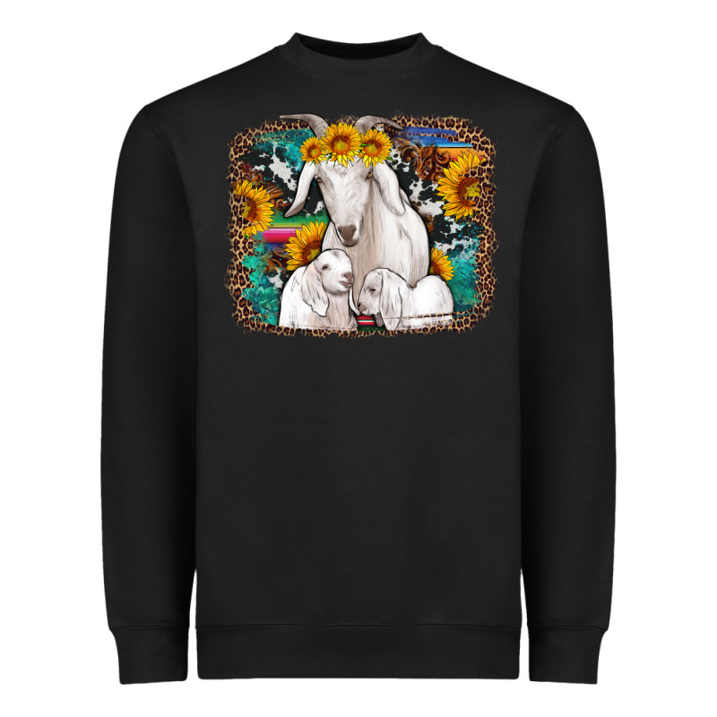 Goat Family With Sunflowers Western Serape Turquoise Background Heavyweight Sweatshirt by Artiststas | Teevron