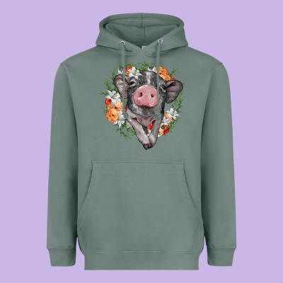 Baby Pig Floral Wreath Heavyweight Hoodie Designed By Barkaloodesign