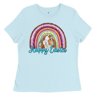 Baby Blue happy easter rainbow bunny Ladies Tee - RanaPortraitStore