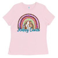 Bubblegum Pink happy easter rainbow bunny Ladies Tee - RanaPortraitStore