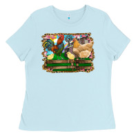 Baby Blue Happy easter rooster chicken and chick Ladies Tee - RanaPortraitStore