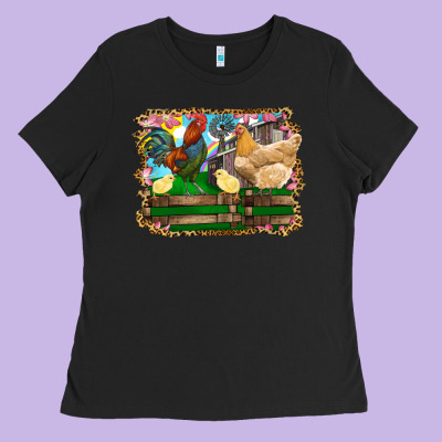 Ladies Tee Happy easter rooster chicken and chick