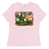 Bubblegum Pink Happy easter rooster chicken and chick Ladies Tee - RanaPortraitStore