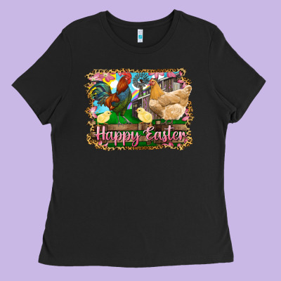 Ladies Tee happy easter rooster chicken and chick