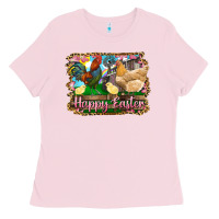 Bubblegum Pink happy easter rooster chicken and chick Ladies Tee - RanaPortraitStore