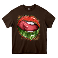 Chocolate Brown watermelon lips with leopard Heavy Core Tee - texasbilliewilder