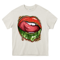 Cream watermelon lips with leopard Heavy Core Tee - texasbilliewilder