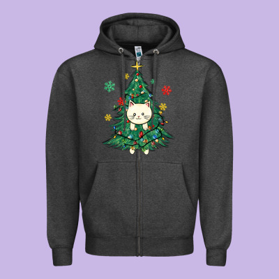 Christmas Tree Cat Zipper Hoodie Designed By Maliassmallbusiness