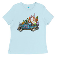 Baby Blue Happy Easter Truck with Bunny Eggs And Carrot Ladies Tee - RanaPortraitStore