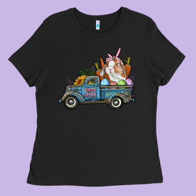 Ladies Tee Happy Easter Truck with Bunny Eggs And Carrot