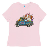 Bubblegum Pink Happy Easter Truck with Bunny Eggs And Carrot Ladies Tee - RanaPortraitStore