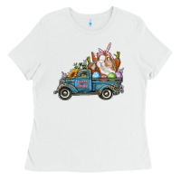 White Happy Easter Truck with Bunny Eggs And Carrot Ladies Tee - RanaPortraitStore