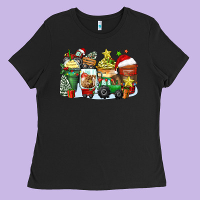Christmas Tractor Coffee Cups Ladies Tee Designed By Zillion Design Studio