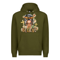 Army Green Silver White Believe Praying Caucasian Messy Bun Premium Hoodie - texasbilliewilder
