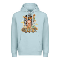 Blue Mist Silver White Believe Praying Caucasian Messy Bun Premium Hoodie - texasbilliewilder
