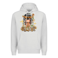 Dove Grey Silver White Believe Praying Caucasian Messy Bun Premium Hoodie - texasbilliewilder