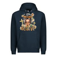 Navy Silver White Believe Praying Caucasian Messy Bun Premium Hoodie - texasbilliewilder