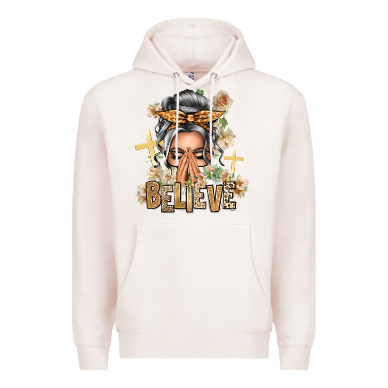Silver White Believe Praying Caucasian Messy Bun Premium Hoodie by texasbilliewilder | Teevron