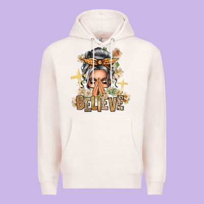 Silver White Believe Praying Caucasian Messy Bun Premium Hoodie Designed By Texasbilliewilder