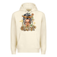 Sandshell Silver White Believe Praying Caucasian Messy Bun Premium Hoodie - texasbilliewilder