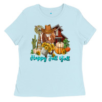 Baby Blue Happy Fall Y'all Longhorn Cow Ladies Tee - RanaPortraitStore