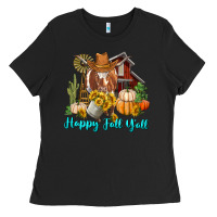 Black Happy Fall Y'all Longhorn Cow Ladies Tee - RanaPortraitStore