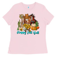 Bubblegum Pink Happy Fall Y'all Longhorn Cow Ladies Tee - RanaPortraitStore