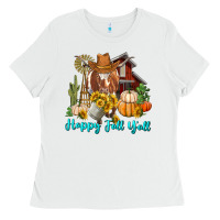 White Happy Fall Y'all Longhorn Cow Ladies Tee - RanaPortraitStore