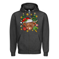 Charcoal Heather Christmas highland cow Zipper Hoodie - MaliasSmallBusiness
