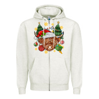Oatmeal Heather Christmas highland cow Zipper Hoodie - MaliasSmallBusiness