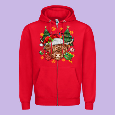 Christmas Highland Cow Zipper Hoodie Designed By Maliassmallbusiness