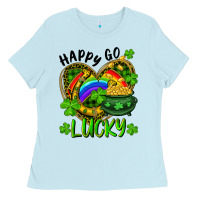 Baby Blue Happy Go Lucky Pot Of Gold And Rainbow Heart Ladies Tee - RanaPortraitStore
