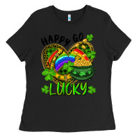Black Happy Go Lucky Pot Of Gold And Rainbow Heart Ladies Tee - RanaPortraitStore
