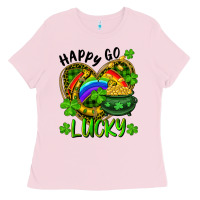 Bubblegum Pink Happy Go Lucky Pot Of Gold And Rainbow Heart Ladies Tee - RanaPortraitStore