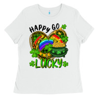 White Happy Go Lucky Pot Of Gold And Rainbow Heart Ladies Tee - RanaPortraitStore