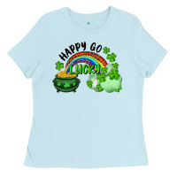 Baby Blue Happy Go Lucky Rainbow Shamrocks And Pot Of Gold Ladies Tee - RanaPortraitStore