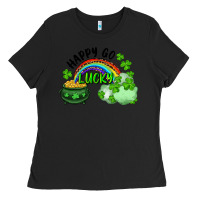 Black Happy Go Lucky Rainbow Shamrocks And Pot Of Gold Ladies Tee - RanaPortraitStore