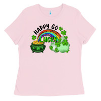 Bubblegum Pink Happy Go Lucky Rainbow Shamrocks And Pot Of Gold Ladies Tee - RanaPortraitStore