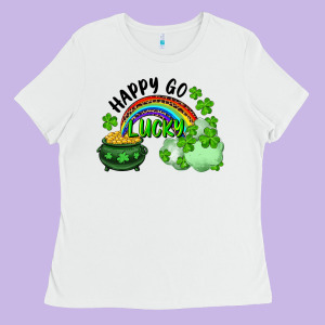 Happy Go Lucky Rainbow Shamrocks And Pot Of Gold Ladies Tee Designed By Ranaportraitstore