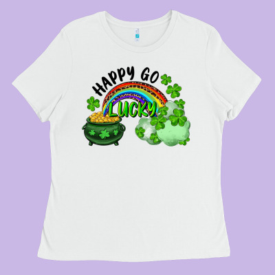 Ladies Tee Happy Go Lucky Rainbow Shamrocks And Pot Of Gold